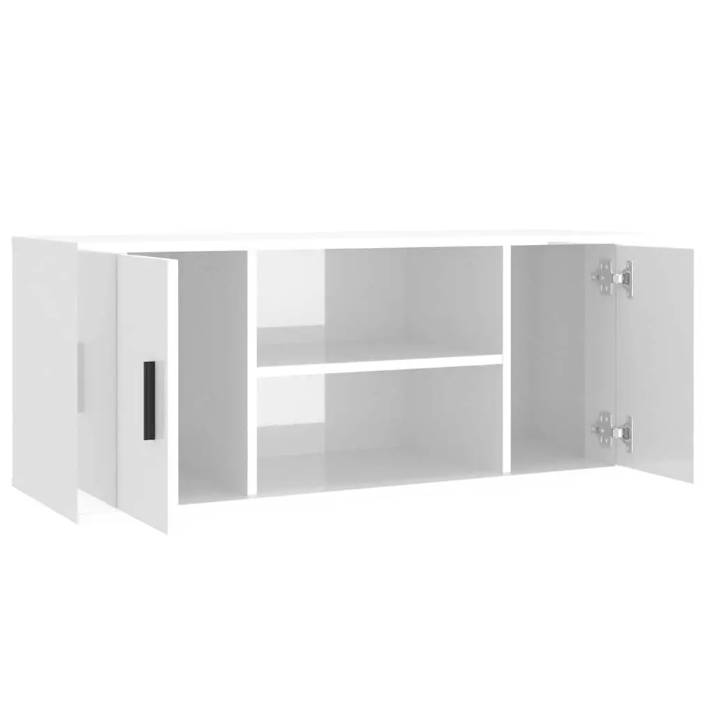 TV Cabinet Engineered Wood 100 x 35 x 40 cm White High Gloss Media Unit Storage Compartments