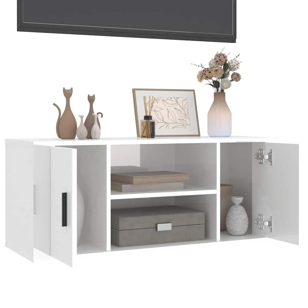 TV Cabinet Engineered Wood 100 x 35 x 40 cm White High Gloss Media Unit Storage Compartments