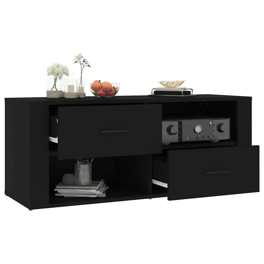 TV Cabinet Engineered Wood 100 x 35 x 40 cm Black Storage Unit Drawers Compartments Media Stand