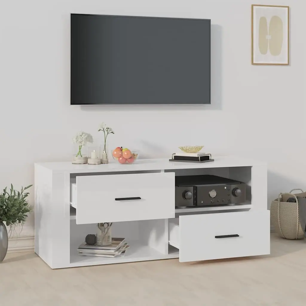 TV Cabinet White High Gloss Media Storage Unit Engineered Wood Drawers