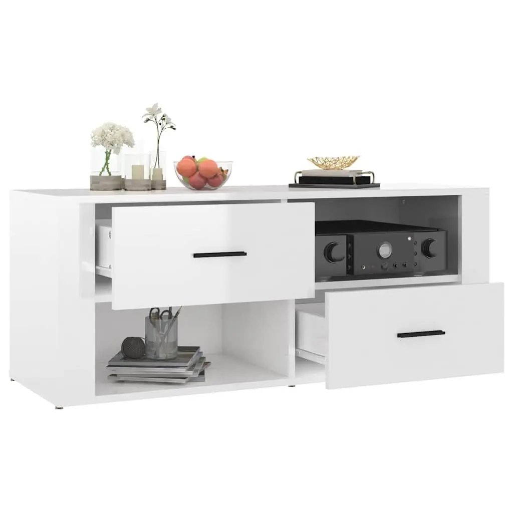 TV Cabinet White High Gloss Media Storage Unit Engineered Wood Drawers