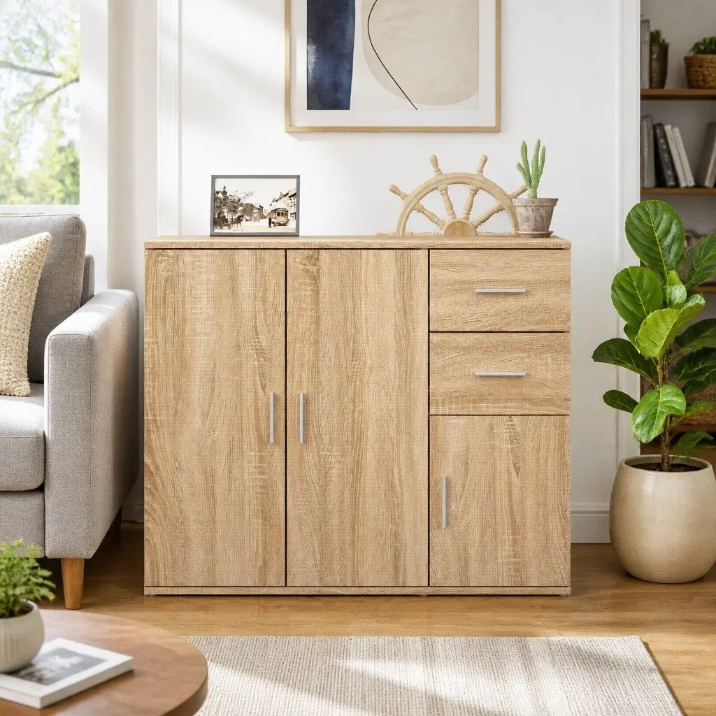 Sideboard Engineered Wood Brown Cabinet Storage Buffet Cupboard 91x29.5x75cm