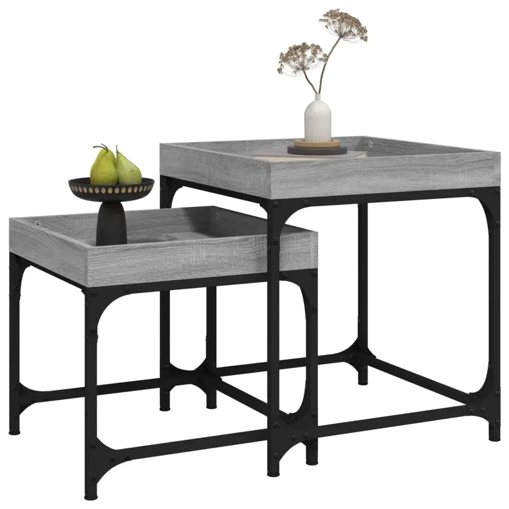 Side Tables Engineered Wood Steel Frame Grey Set of 2