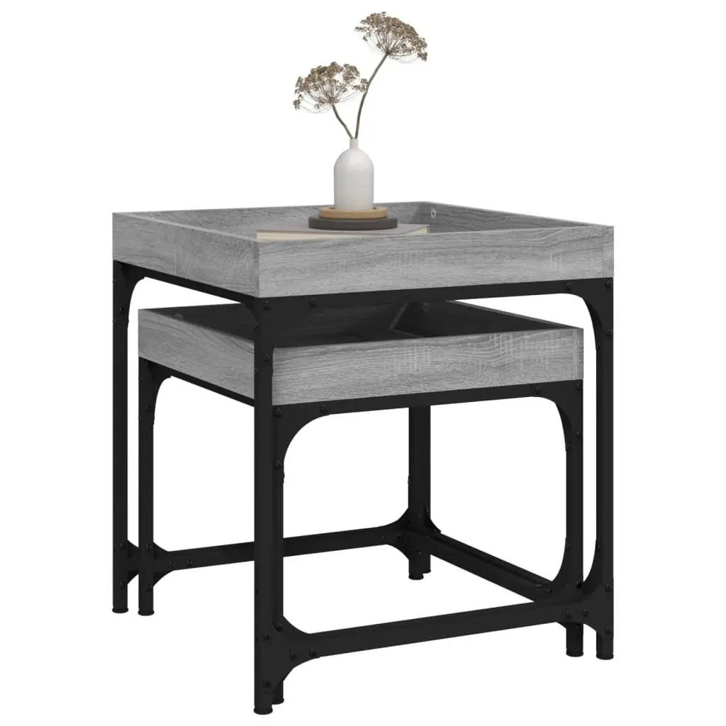 Side Tables Engineered Wood Steel Frame Grey Set of 2