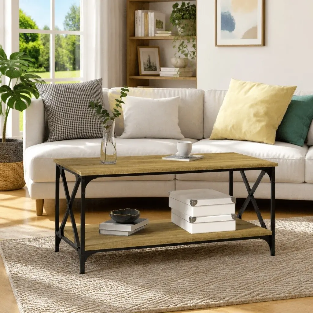 Coffee Table Engineered Wood Open Shelf Brown Iron Frame 100 x 50 x 45 cm