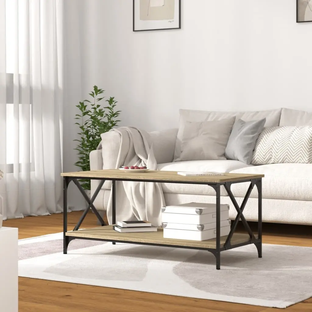Coffee Table Engineered Wood Open Shelf Brown Iron Frame 100 x 50 x 45 cm