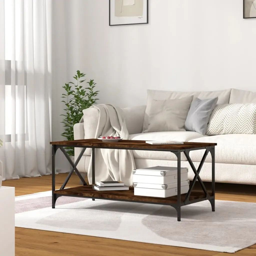 Brown Coffee Table with Open Shelf Engineered Wood and Iron 100x50x45cm Living Room Furniture