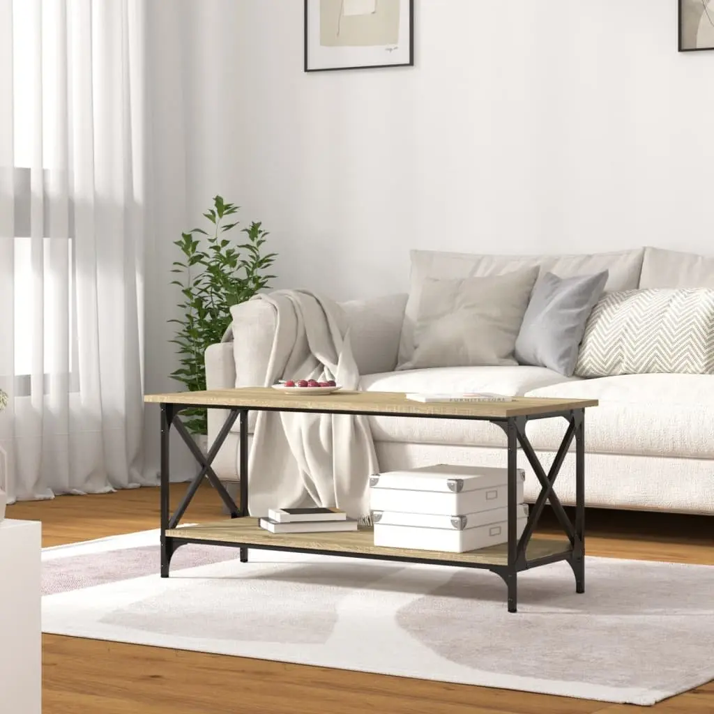 Coffee Table with Open Shelf Brown Engineered Wood Iron Frame Living Room Accent