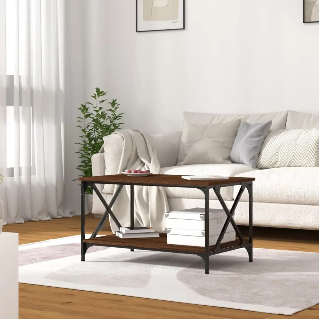 Coffee Table Engineered Wood Iron Frame 80x50x45 cm Brown Oak