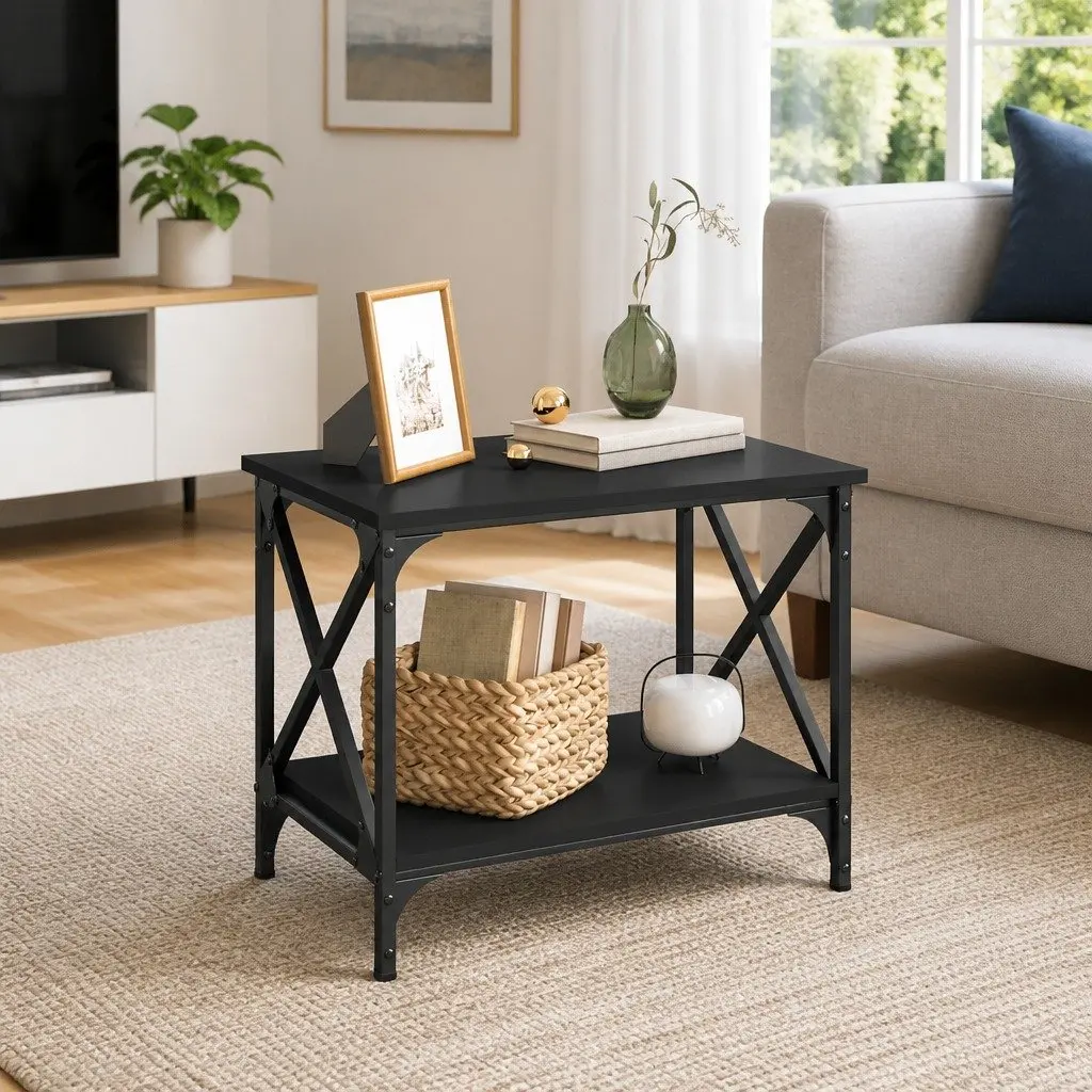 Side Table Engineered Wood Steel Frame Black 55 x 38 x 45 cm Open Shelf Storage Living Room