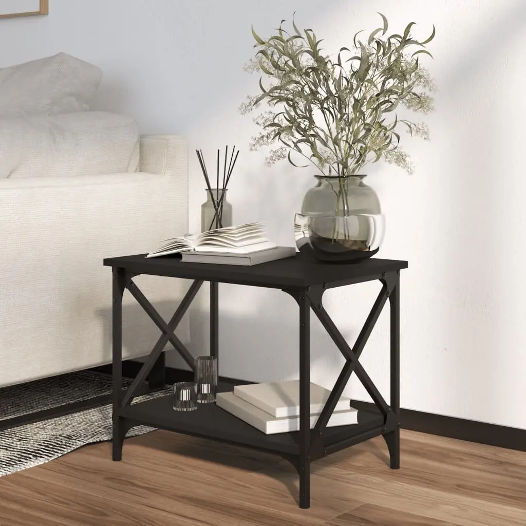 Side Table Engineered Wood Steel Frame Black 55 x 38 x 45 cm Open Shelf Storage Living Room