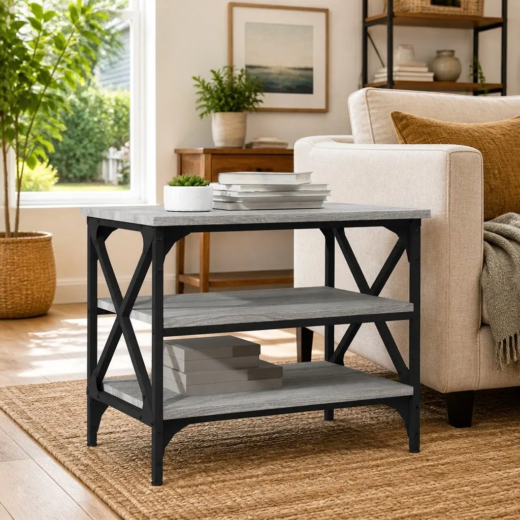 Engineered Wood Side Table with Iron Frame Grey 55 x 38 x 45 cm