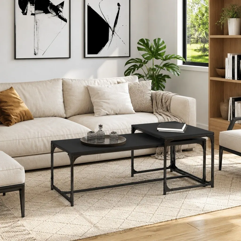 Coffee Tables Industrial Black Engineered Wood Steel Frame 2 Piece Adjustable Legs