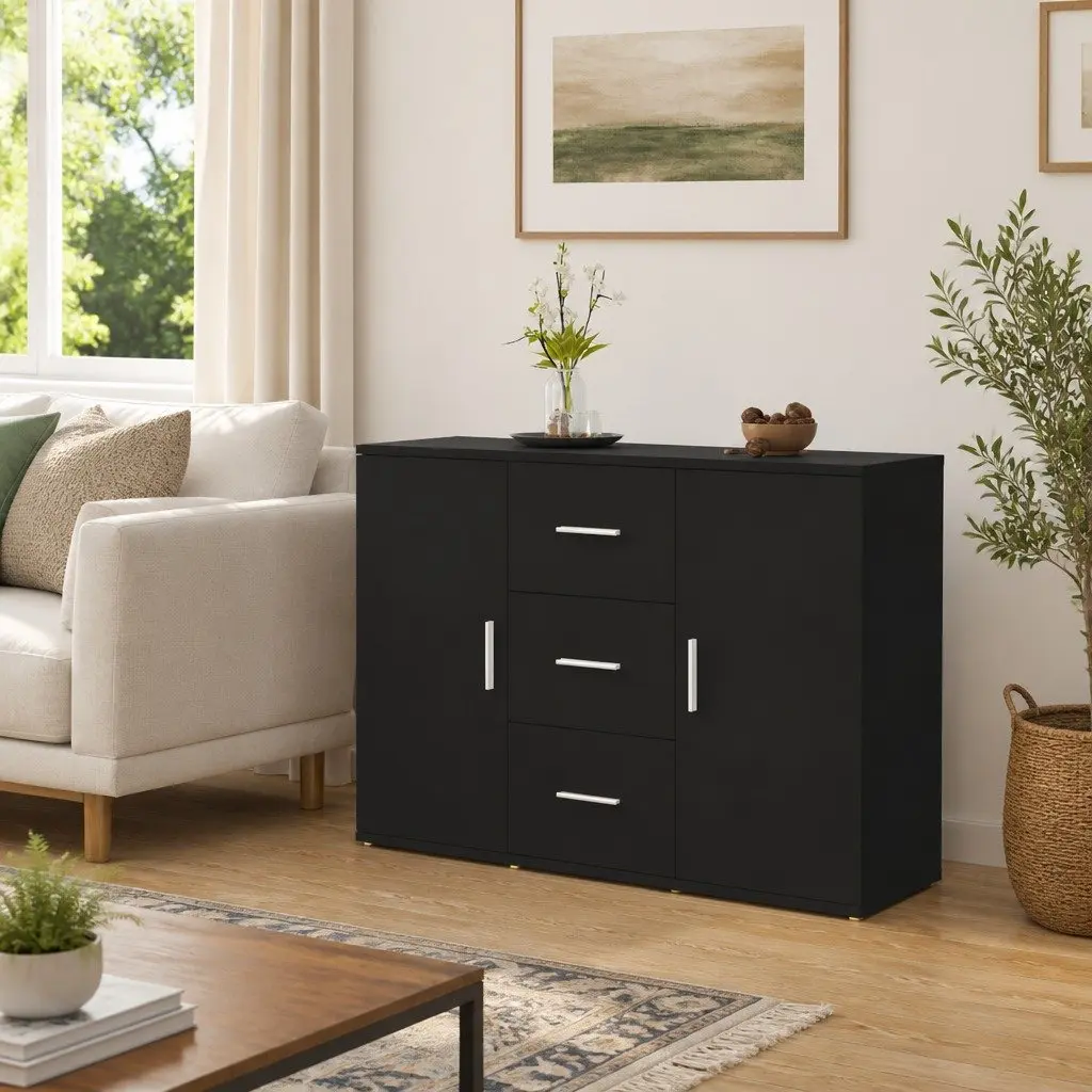 Black Sideboard Cabinet Engineered Wood 91 x 29.5 x 65 cm 2 Doors 3 Drawers Storage Buffet
