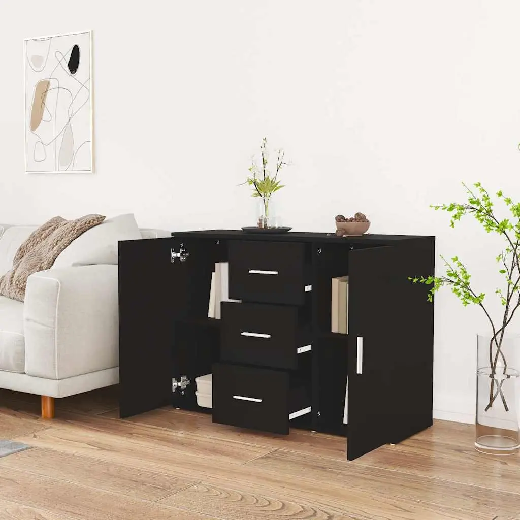 Black Sideboard Cabinet Engineered Wood 91 x 29.5 x 65 cm 2 Doors 3 Drawers Storage Buffet