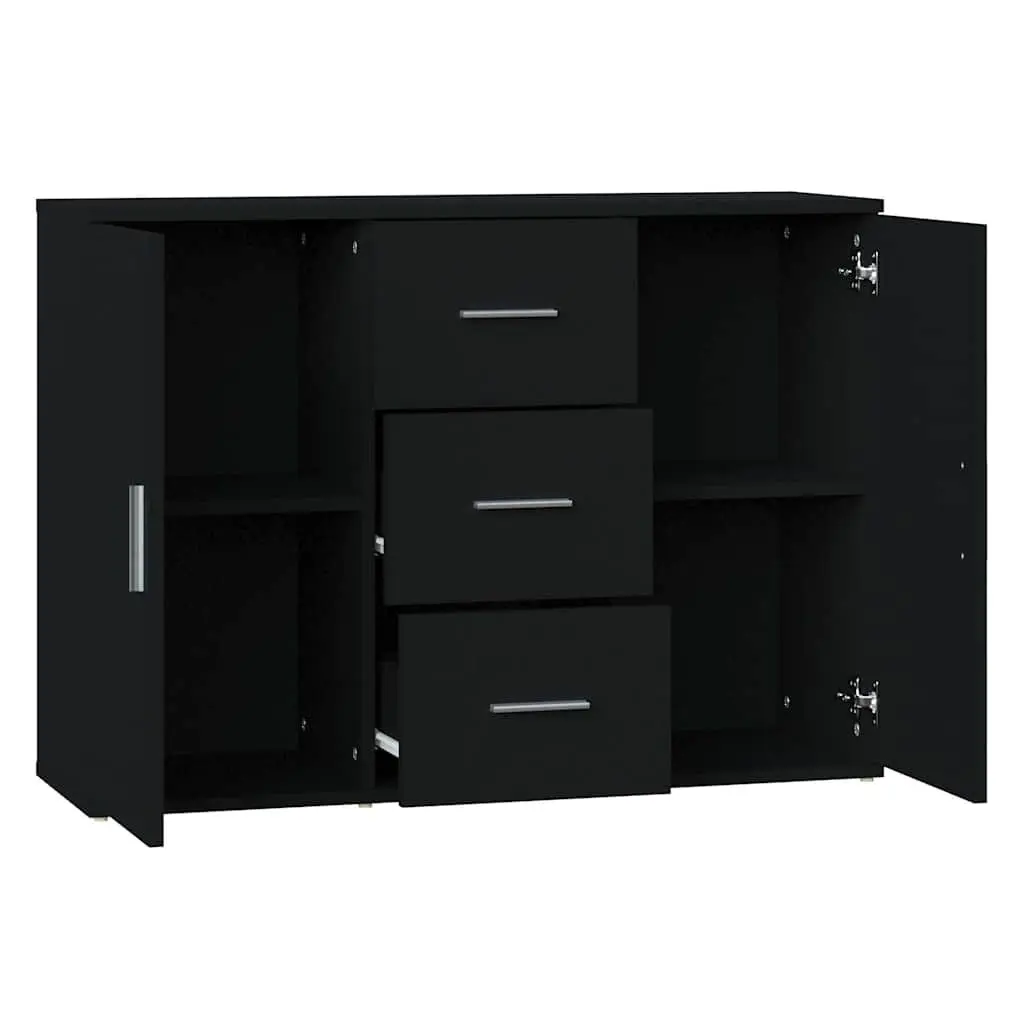 Black Sideboard Cabinet Engineered Wood 91 x 29.5 x 65 cm 2 Doors 3 Drawers Storage Buffet