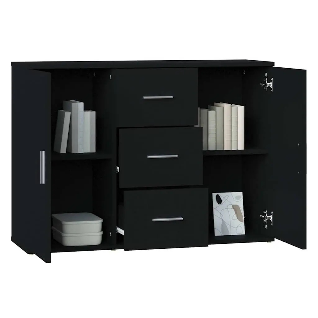 Black Sideboard Cabinet Engineered Wood 91 x 29.5 x 65 cm 2 Doors 3 Drawers Storage Buffet