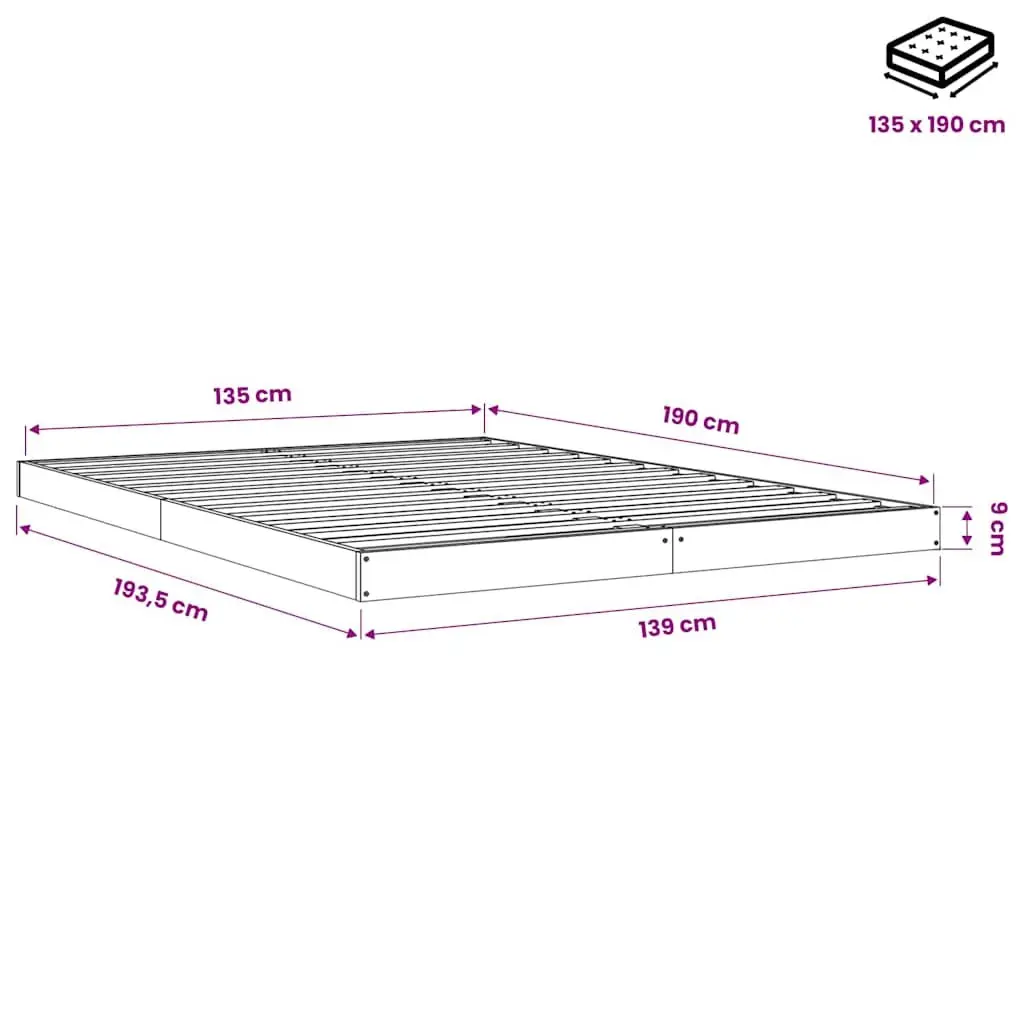 Bed Frame 135x190 cm White Solid Pine Wood Slatted Base Modern Bedroom Furniture