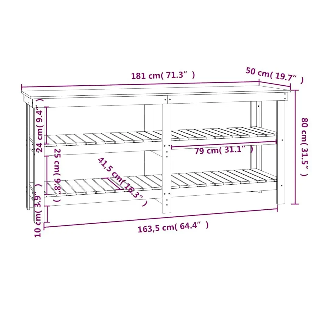 Work Bench Solid Pine Wood 181x50x80 cm Brown Storage Shelves