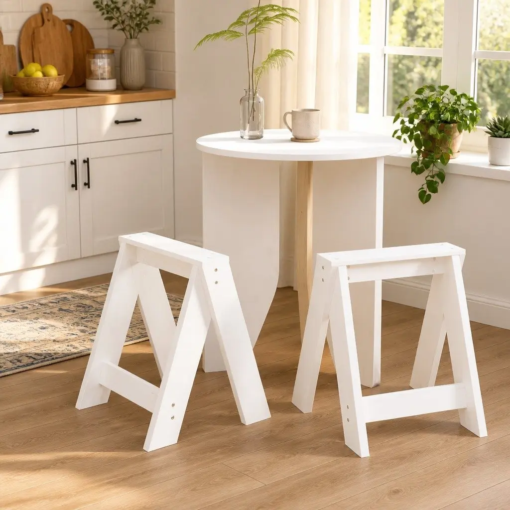 White Wooden Bar Stools Set of 2 Pine Kitchen Dining Room Seating No Backrest