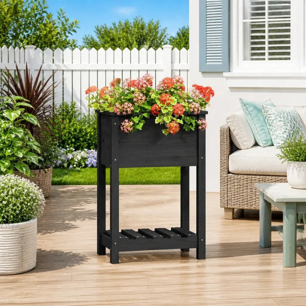 Wooden Planter Solid Pine Raised Garden Flower Box with Shelf Grey 54 x 34.5 x 81 cm
