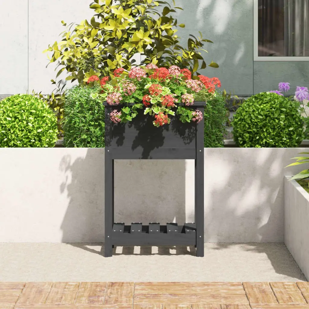Wooden Planter Solid Pine Raised Garden Flower Box with Shelf Grey 54 x 34.5 x 81 cm