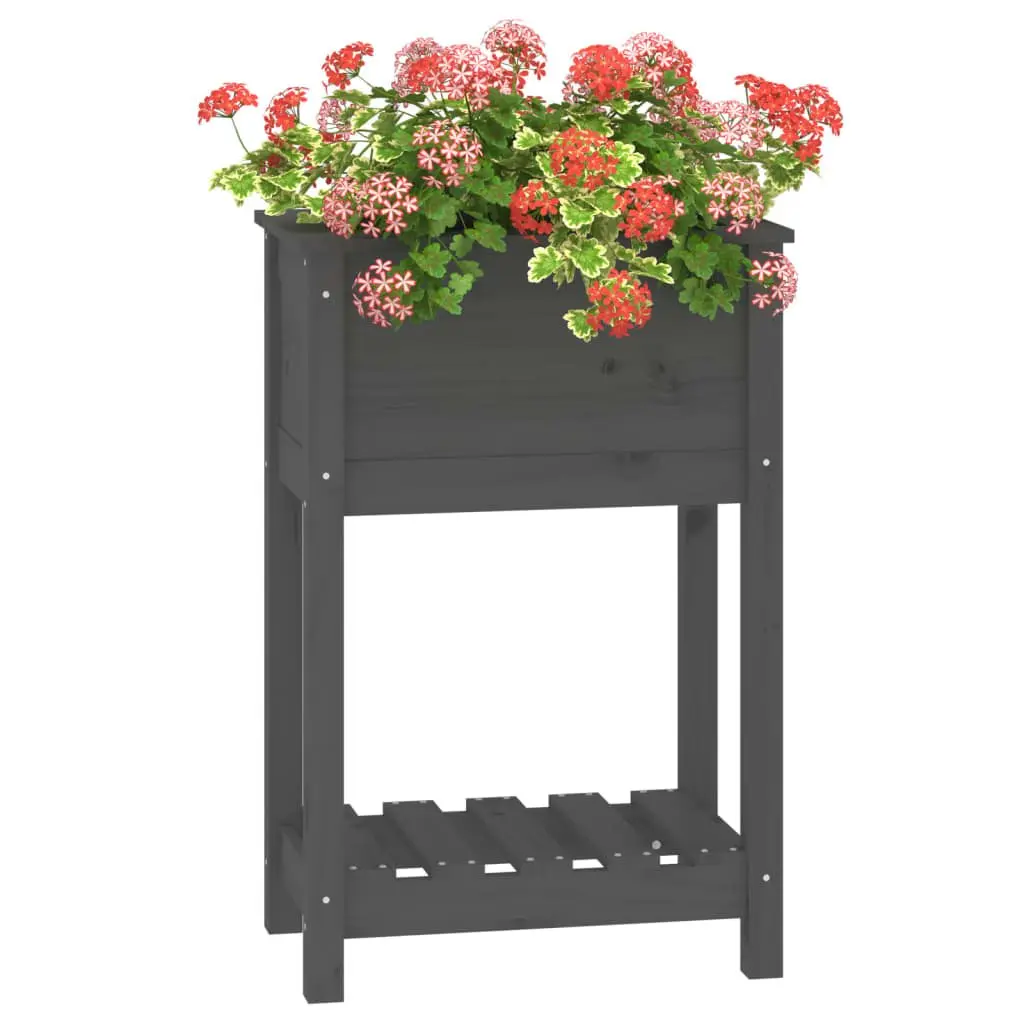 Wooden Planter Solid Pine Raised Garden Flower Box with Shelf Grey 54 x 34.5 x 81 cm