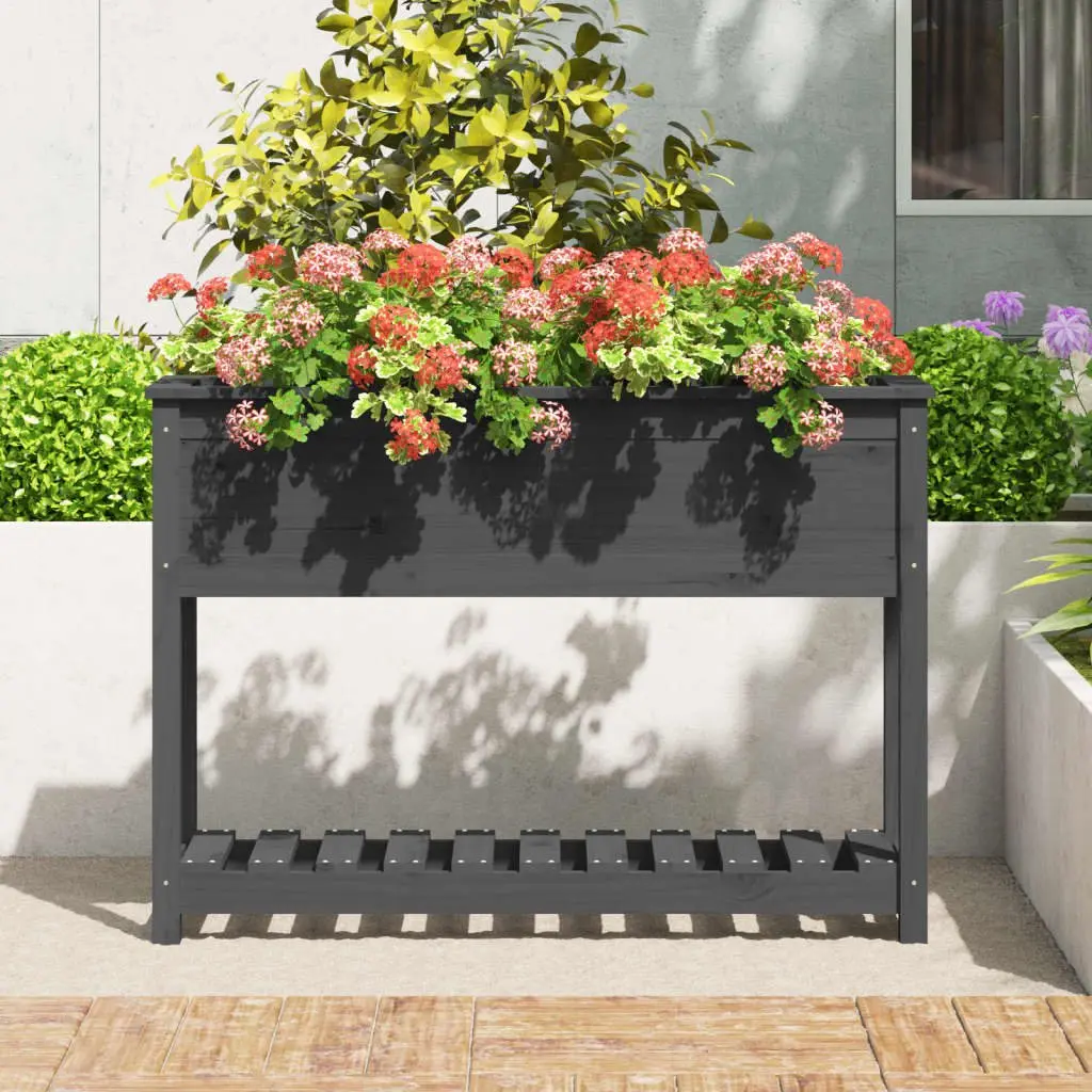 Wooden Garden Planter with Shelf Storage Grey Raised Flower Bed Pot