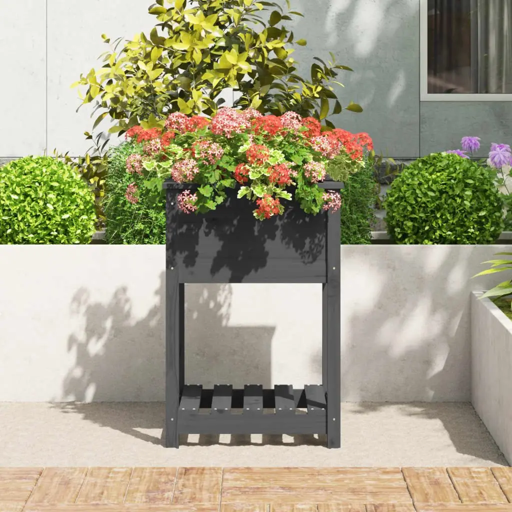 Wooden Raised Bed Planter Grey Solid Pine with Shelf 54x54x81cm
