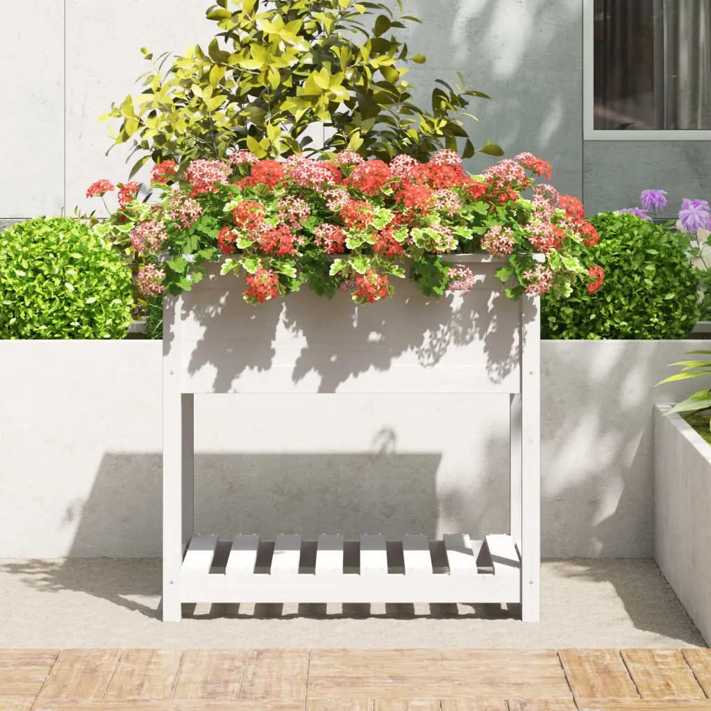 Wooden Planter with Shelf White Garden Raised Bed Flower Box Storage