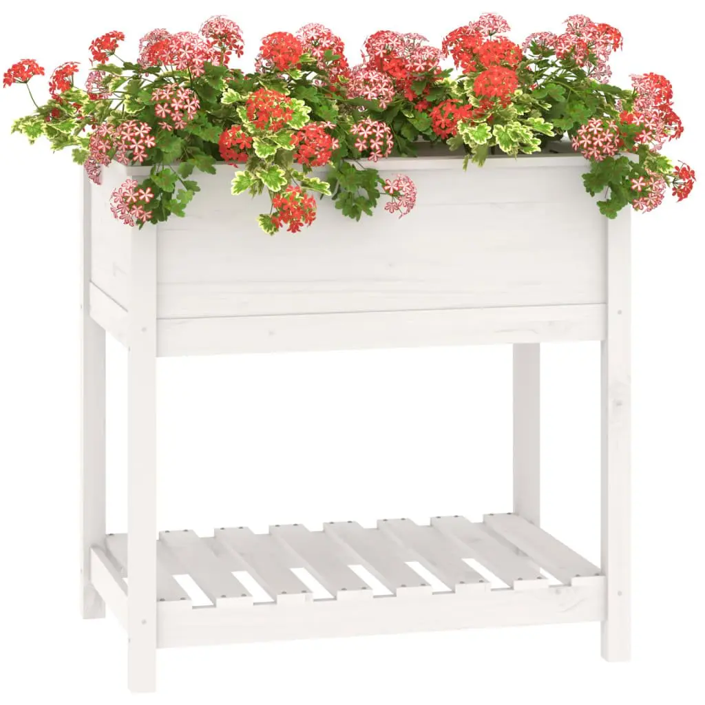 Wooden Planter with Shelf White Garden Raised Bed Flower Box Storage