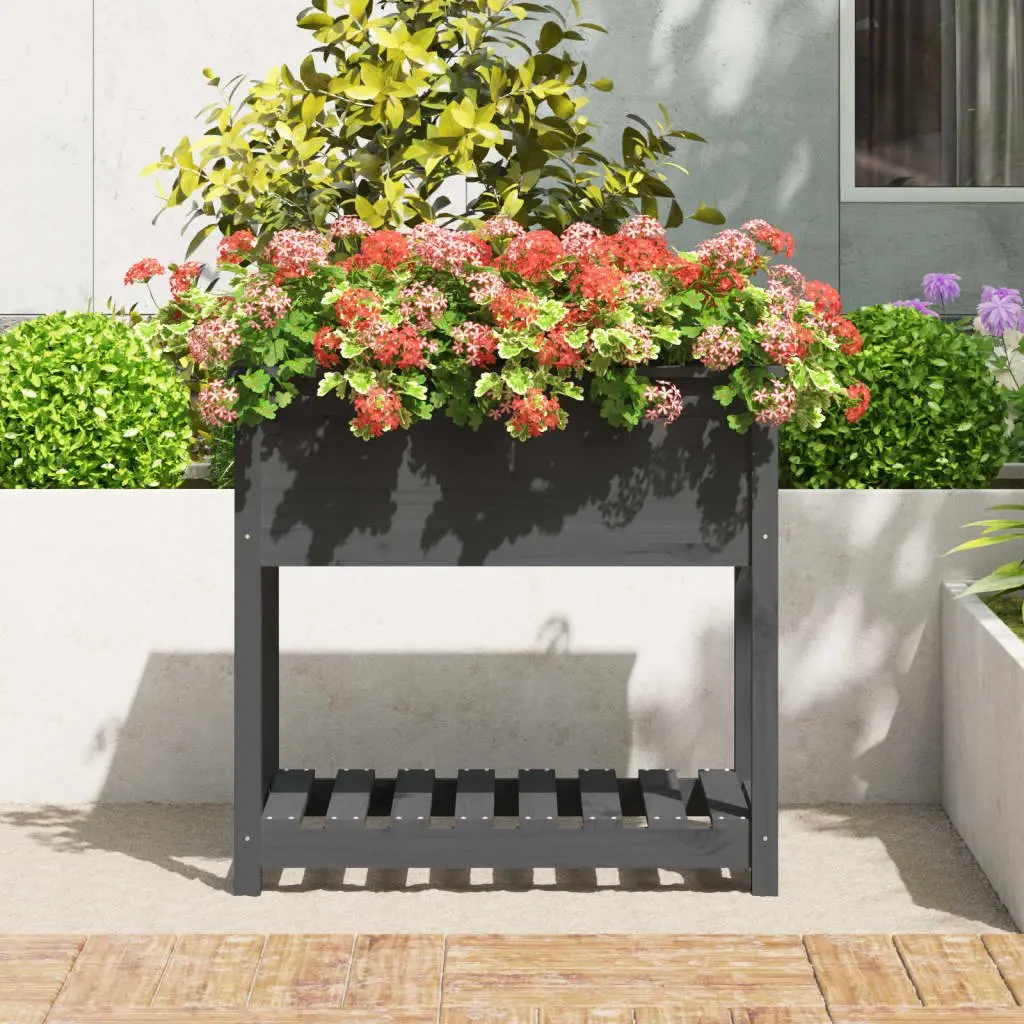 Wooden Planter Box with Shelf Grey Garden Flower Bed Raised Herb Vegetable Pot