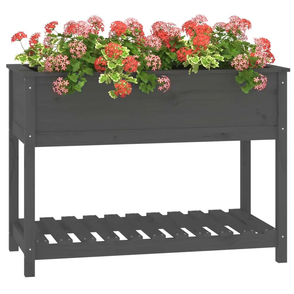 Wooden Planter Solid Pine Wood Grey Raised Flower Box with Shelf Storage