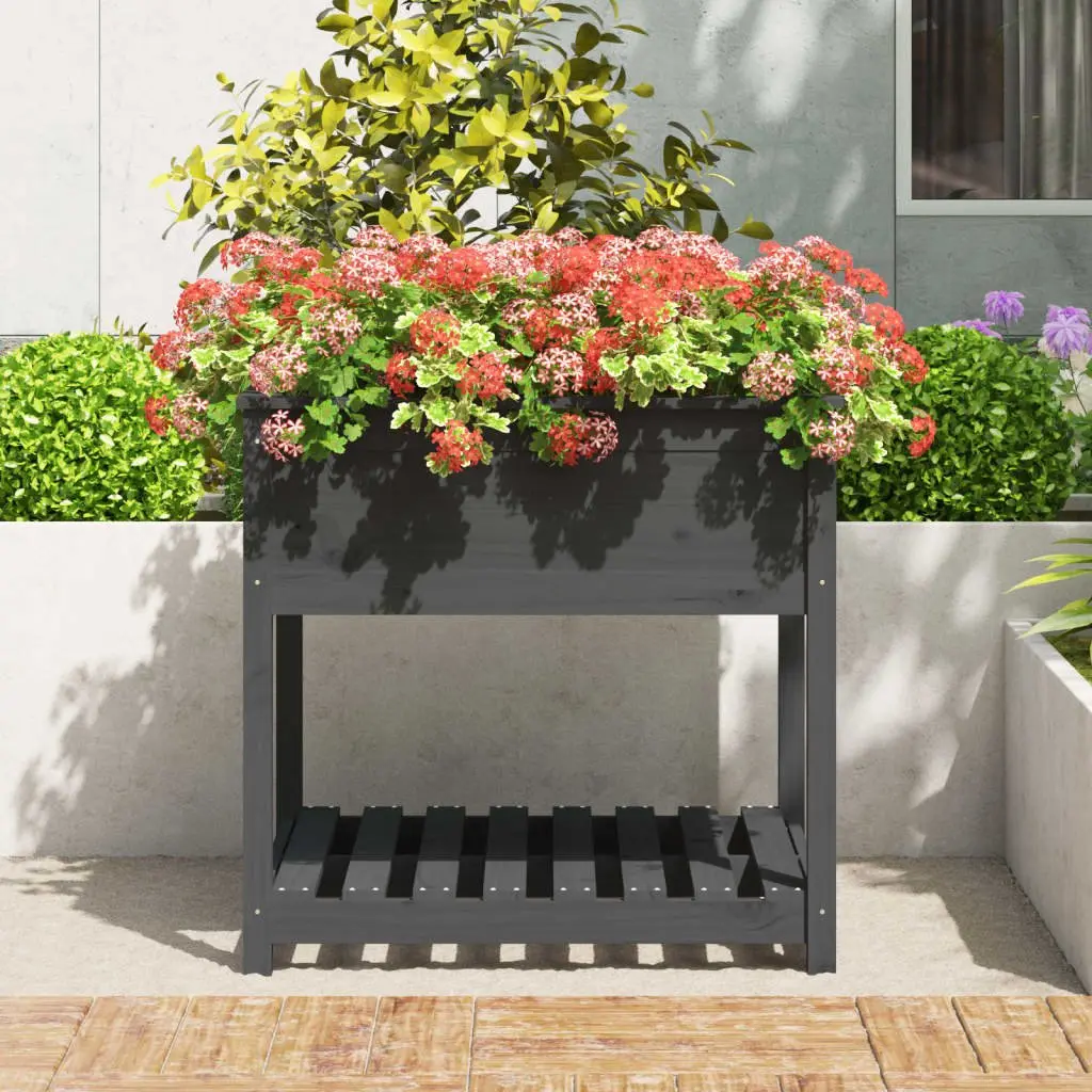 Wooden Planter Grey Raised Flower Box with Shelf Solid Pine 82.5 x 82.5 x 81 cm