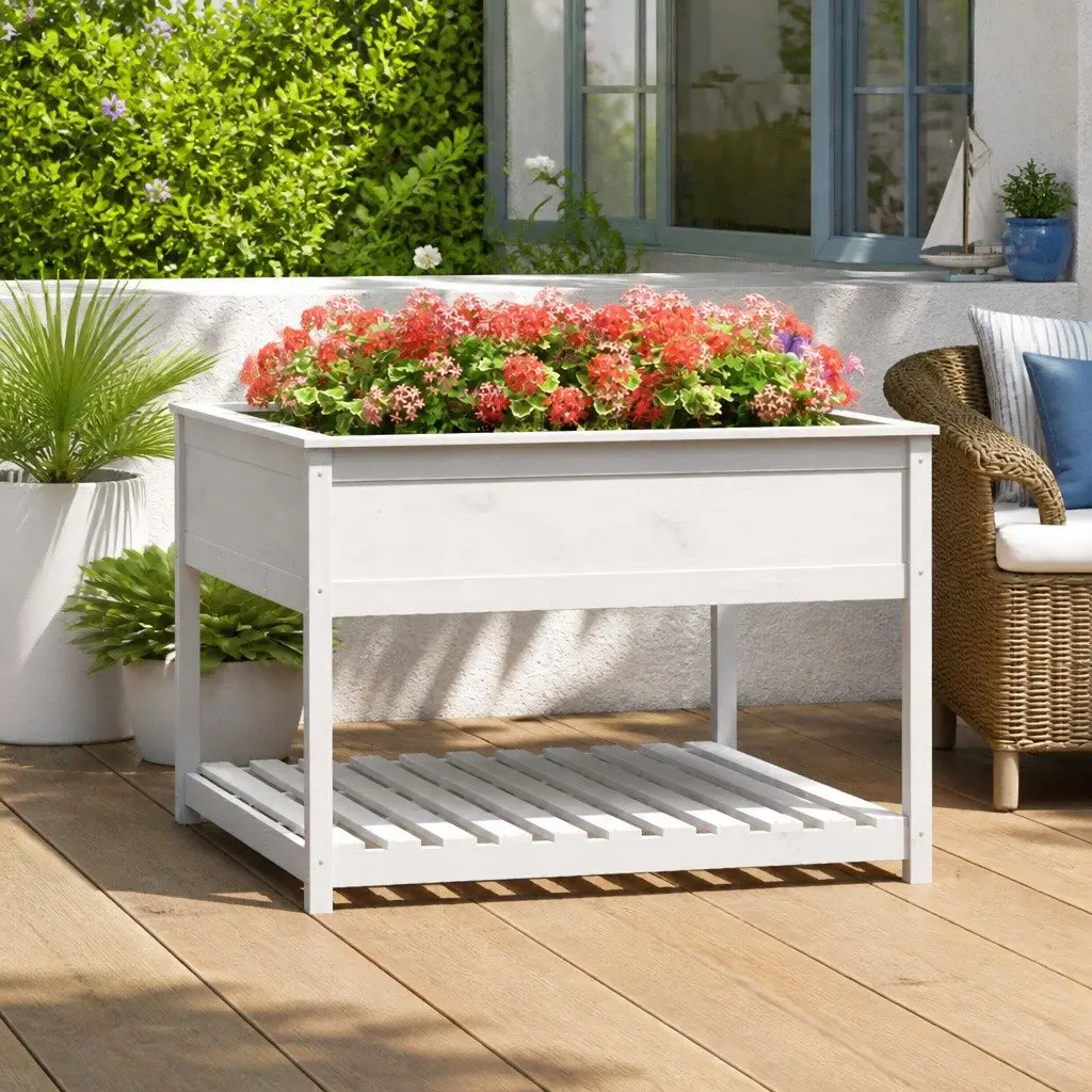 Wooden Planter Solid Pine Wood Raised Garden Flower Box with Shelf White 111.5 x 111.5 x 81 cm