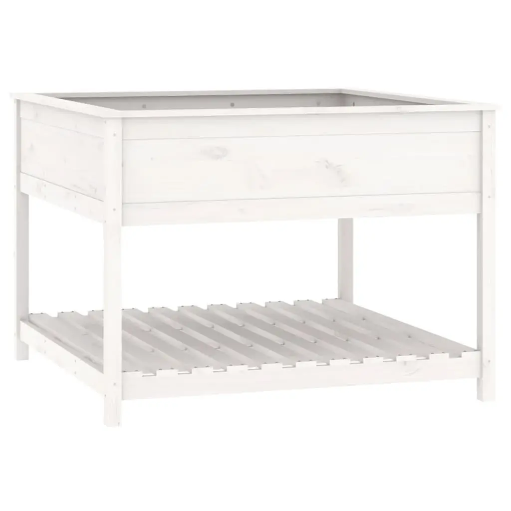 Wooden Planter Solid Pine Wood Raised Garden Flower Box with Shelf White 111.5 x 111.5 x 81 cm