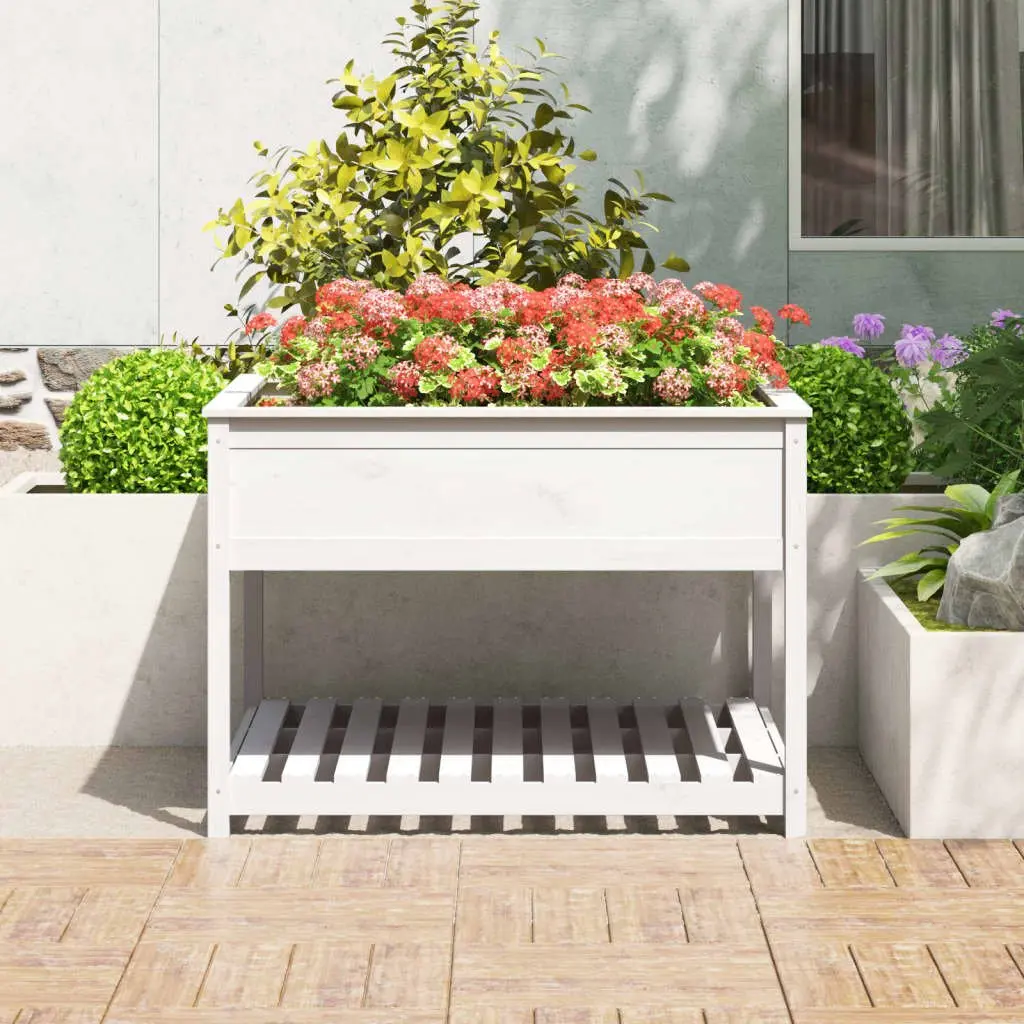 Wooden Planter Solid Pine Wood Raised Garden Flower Box with Shelf White 111.5 x 111.5 x 81 cm