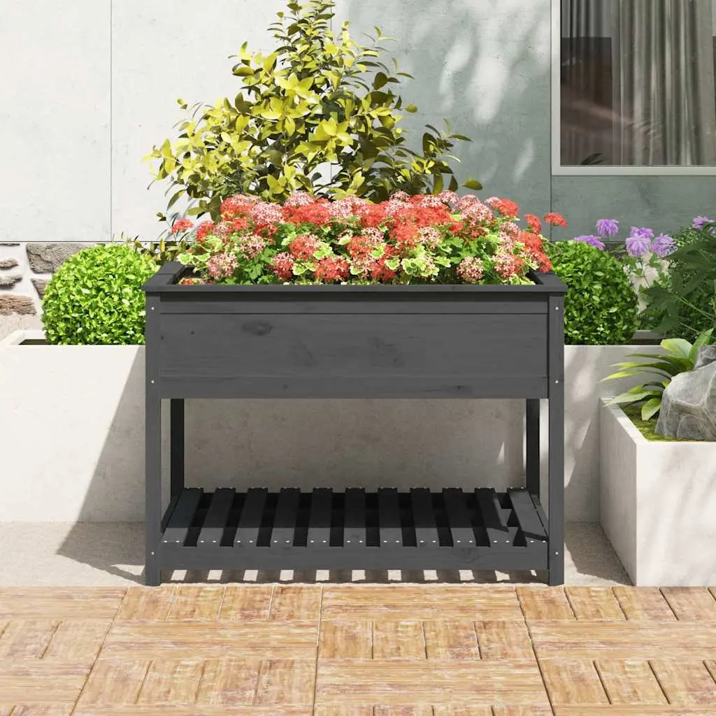 Wooden Garden Planter Solid Pine Wood Grey Raised Flower Box with Shelf Storage