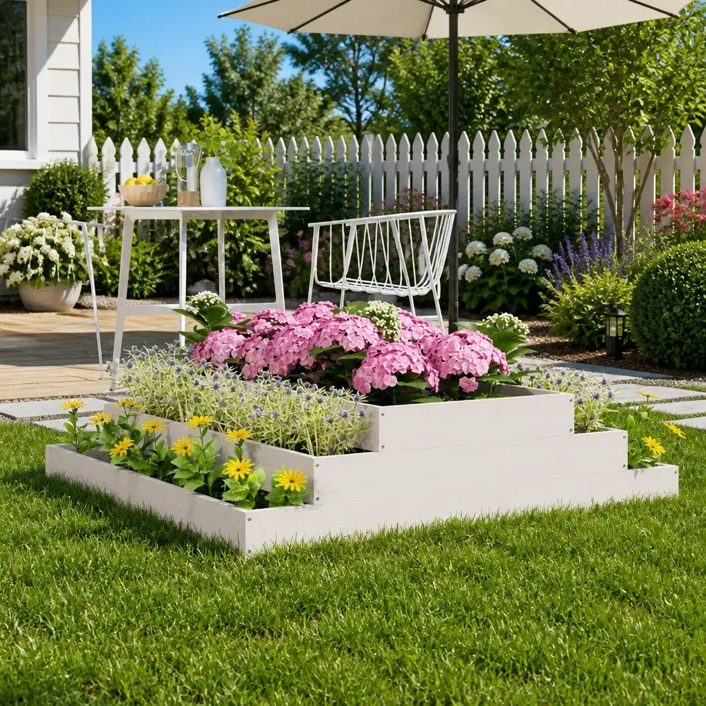 Raised Garden Planter Box White 110x110x27cm Solid Wood Pine Flower Bed