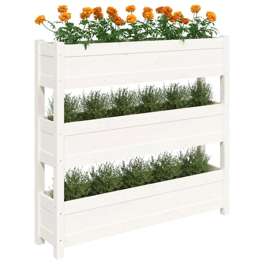Garden Planter Pine Wood 112x25x104.5 cm White Raised Bed 3 Flower Boxes