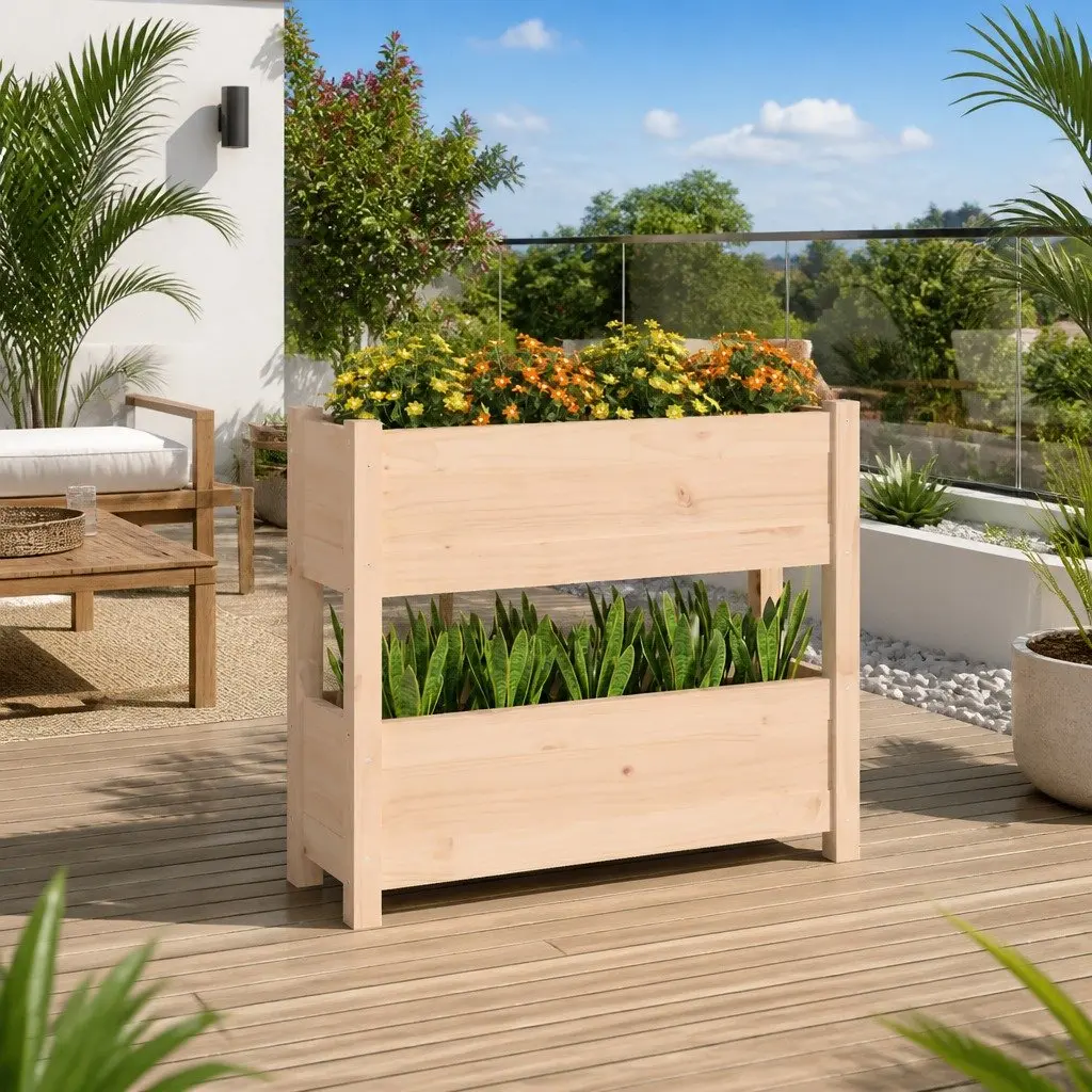 Raised Garden Bed Wooden Planter Brown Solid Pine 2 Flower Boxes Decorative for Balcony Patio Indoor Outdoor