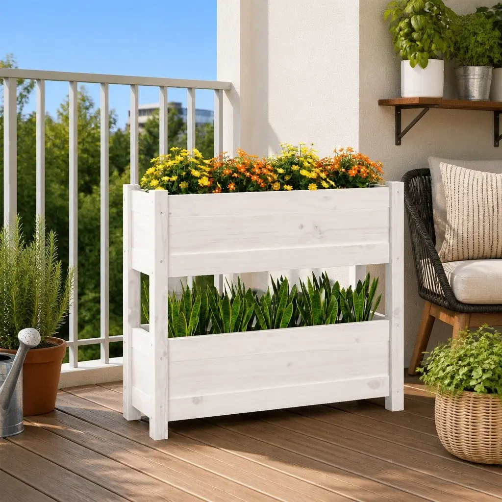 White Wooden Planter Twin Flower Boxes Solid Pine 77x25x66 cm Garden Patio