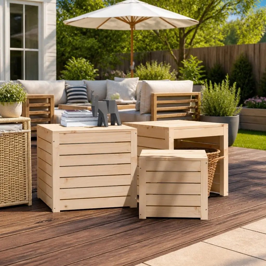 3 Piece Outdoor Storage Box Set Solid Pine Wood Brown Garden Furniture