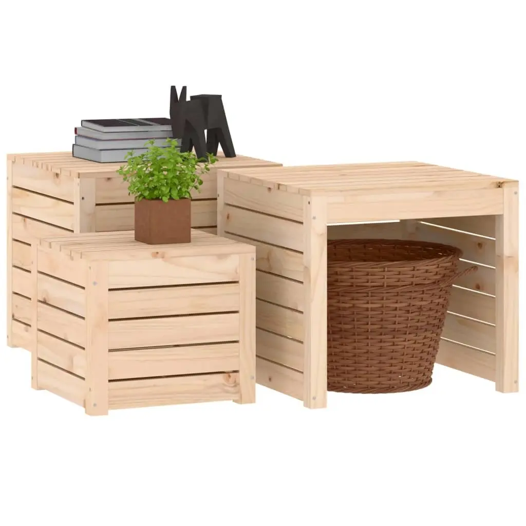3 Piece Outdoor Storage Box Set Solid Pine Wood Brown Garden Furniture