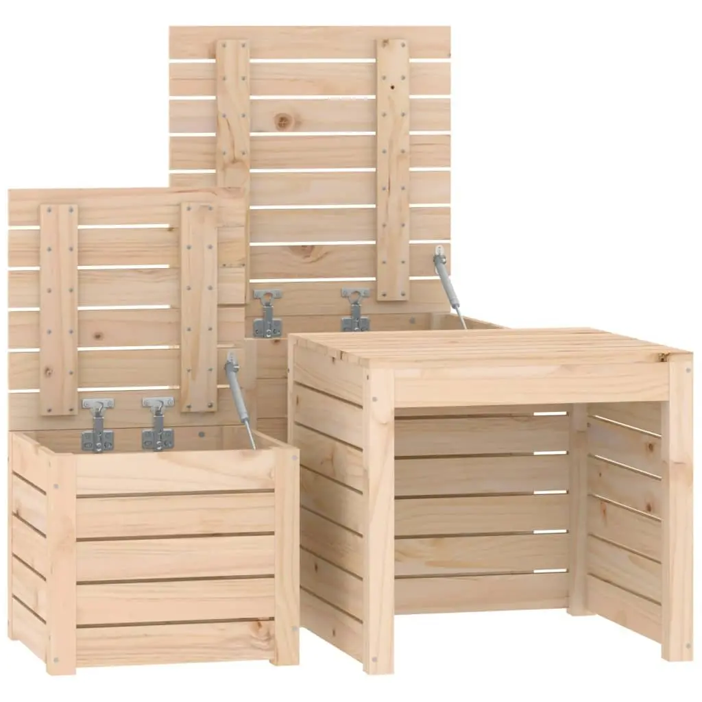 3 Piece Outdoor Storage Box Set Solid Pine Wood Brown Garden Furniture