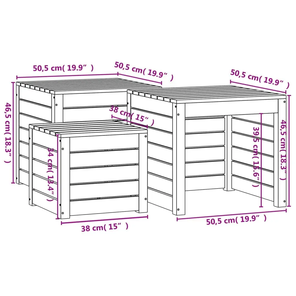 3 Piece Outdoor Storage Box Set Solid Pine Wood Brown Garden Furniture
