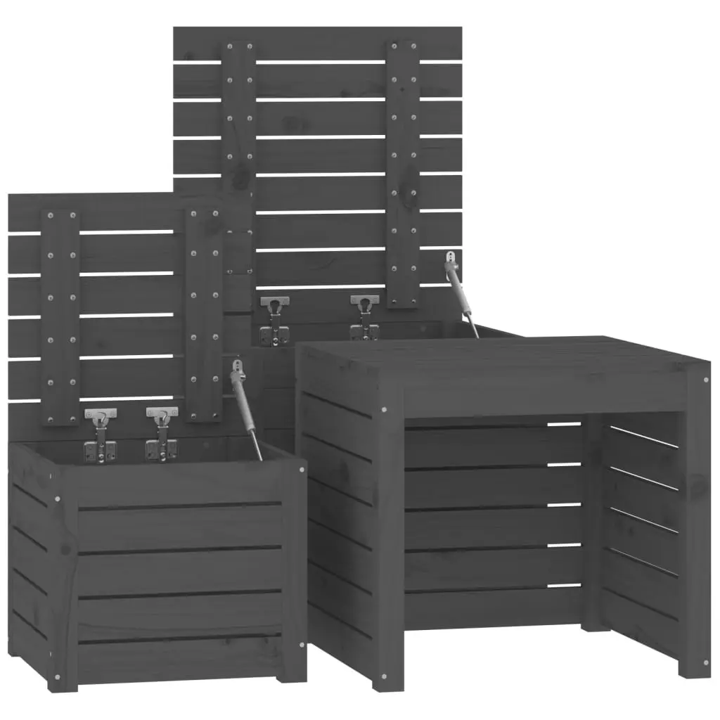 Garden Storage Box Set Solid Pine Wood Grey 3 Piece Outdoor Patio Furniture