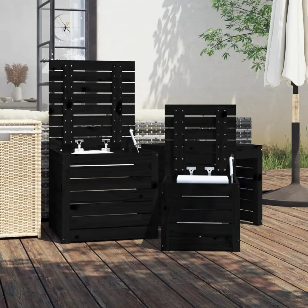 3 Piece Outdoor Garden Storage Boxes Solid Pine Wood Black Furniture Set