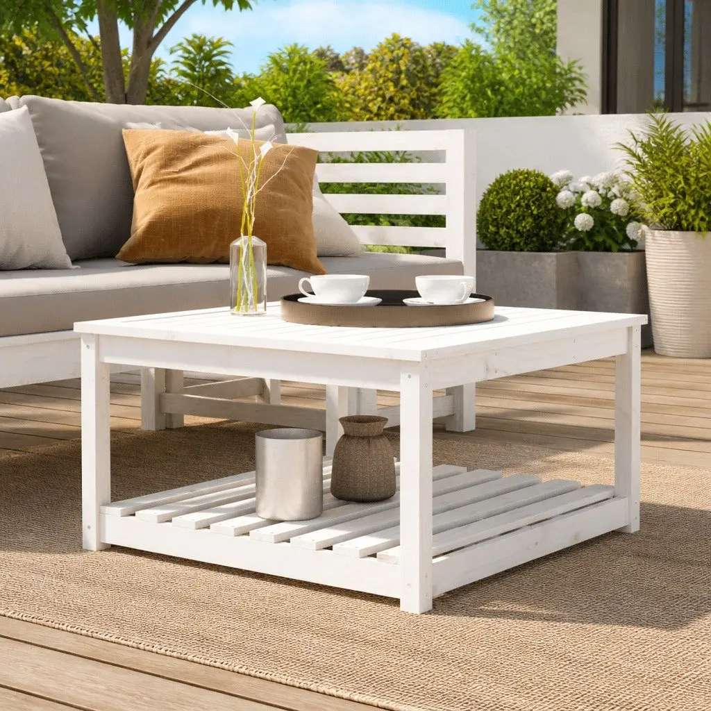 Garden Table Solid Pine Wood 82.5 x 82.5 x 45 cm White Outdoor Patio Furniture with Storage Shelf