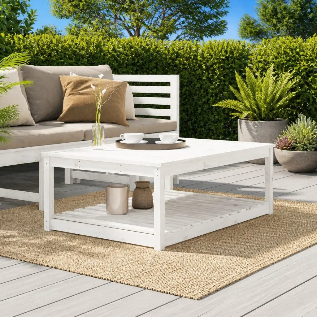 Outdoor Table Solid Pine Wood White Patio Furniture with Storage Shelf 121x82.5x45cm